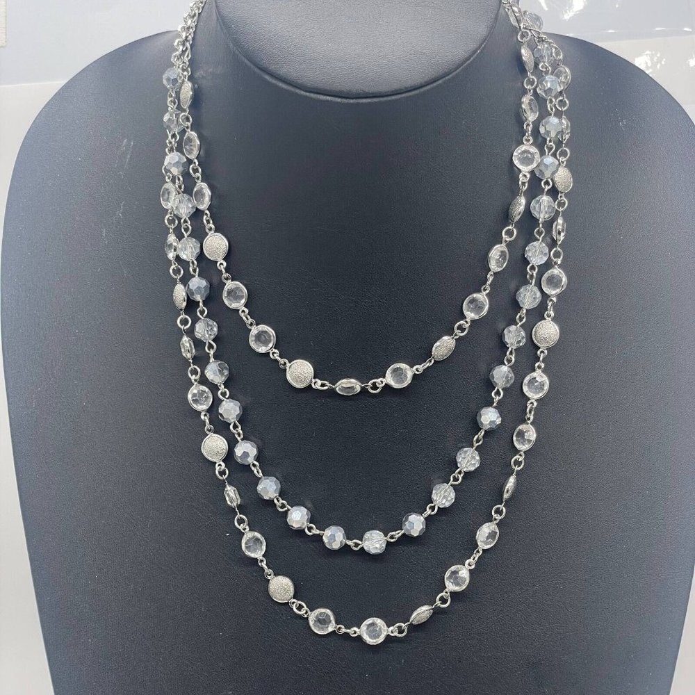 WHBM Triple Strand Crystal Clear Beaded Statement Necklace Silver Tone 18" - Picture 2 of 6